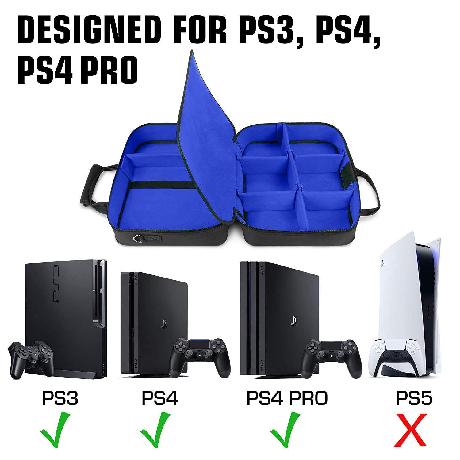 USA GEAR Console Carrying Case - PS4 Case Compatible with Playstation 4 Slim, PS4 Pro, and PS3 - Customizable Interior Store PS4 Games, PS4 Controller, PS4 Headset, and More Gaming Accessories (Black)