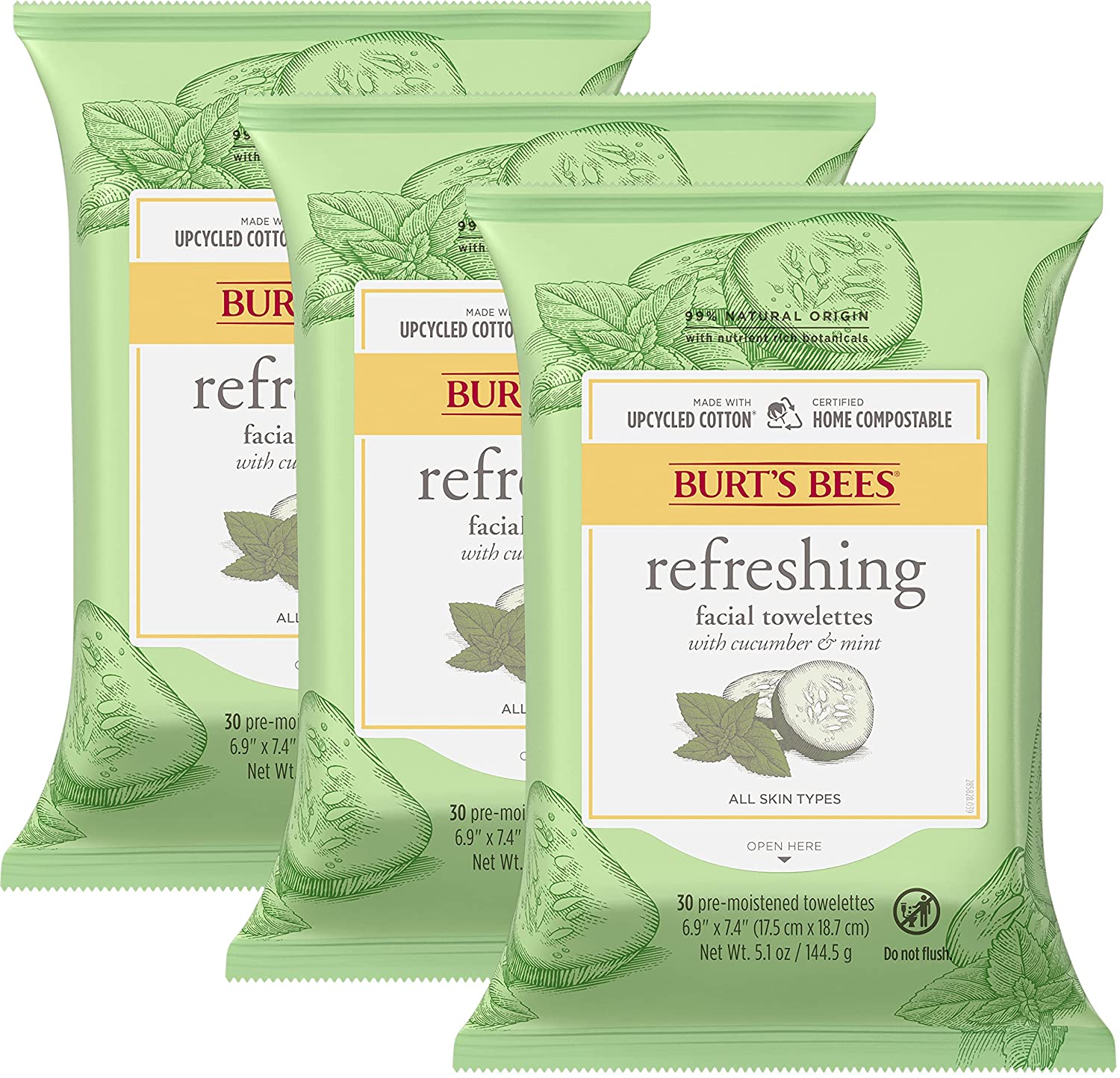 Burt's Bees Face Wipes Easter Basket Stuffers, Makeup Remover Facial Cleansing Towelettes for Sensitive Skin, Hydrating with Cucumber and Mint, 30 Count (Pack of 3)