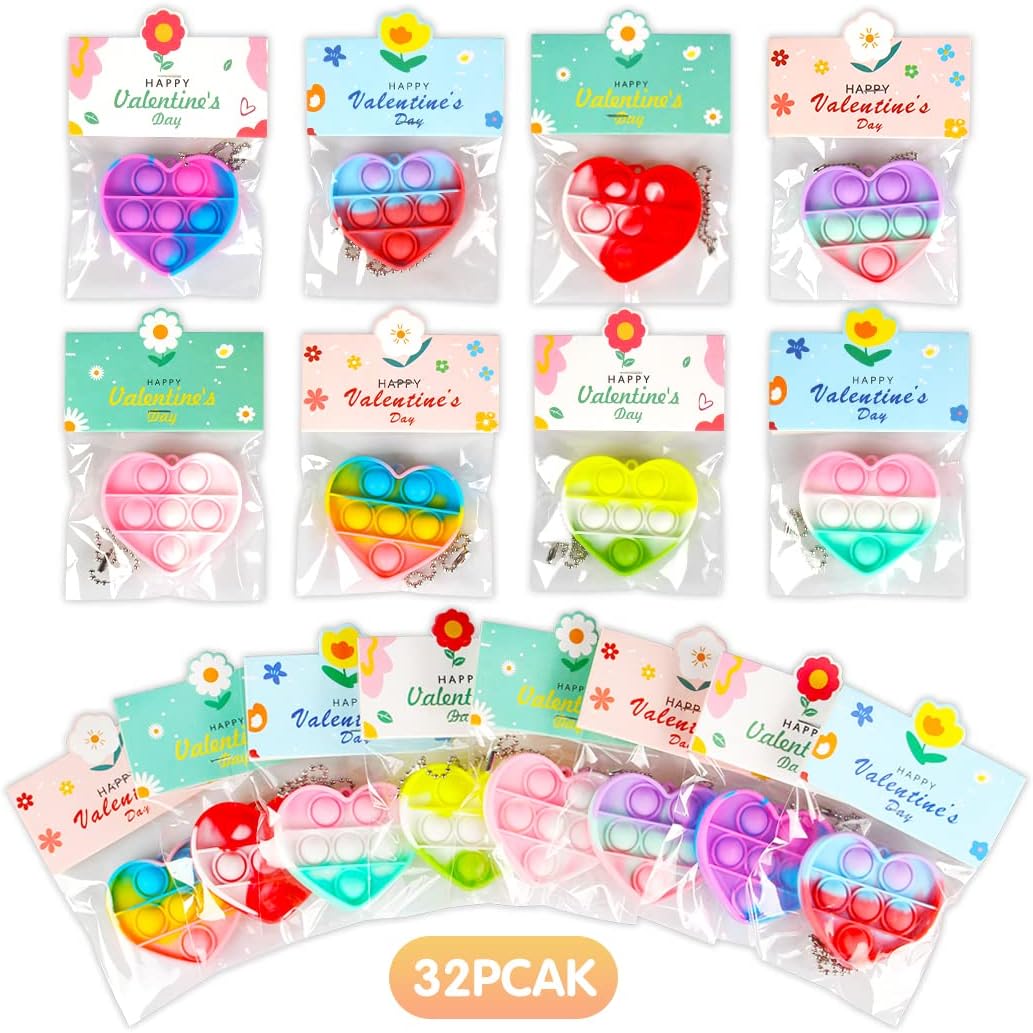 Valentines Day Gifts for Kids - 32 Valentines Cards with Mini Heart Pop Fidget Toys Bulk - Valentine Exchange for Girls Boys School Class Classroom Fidget Toys Party Favors