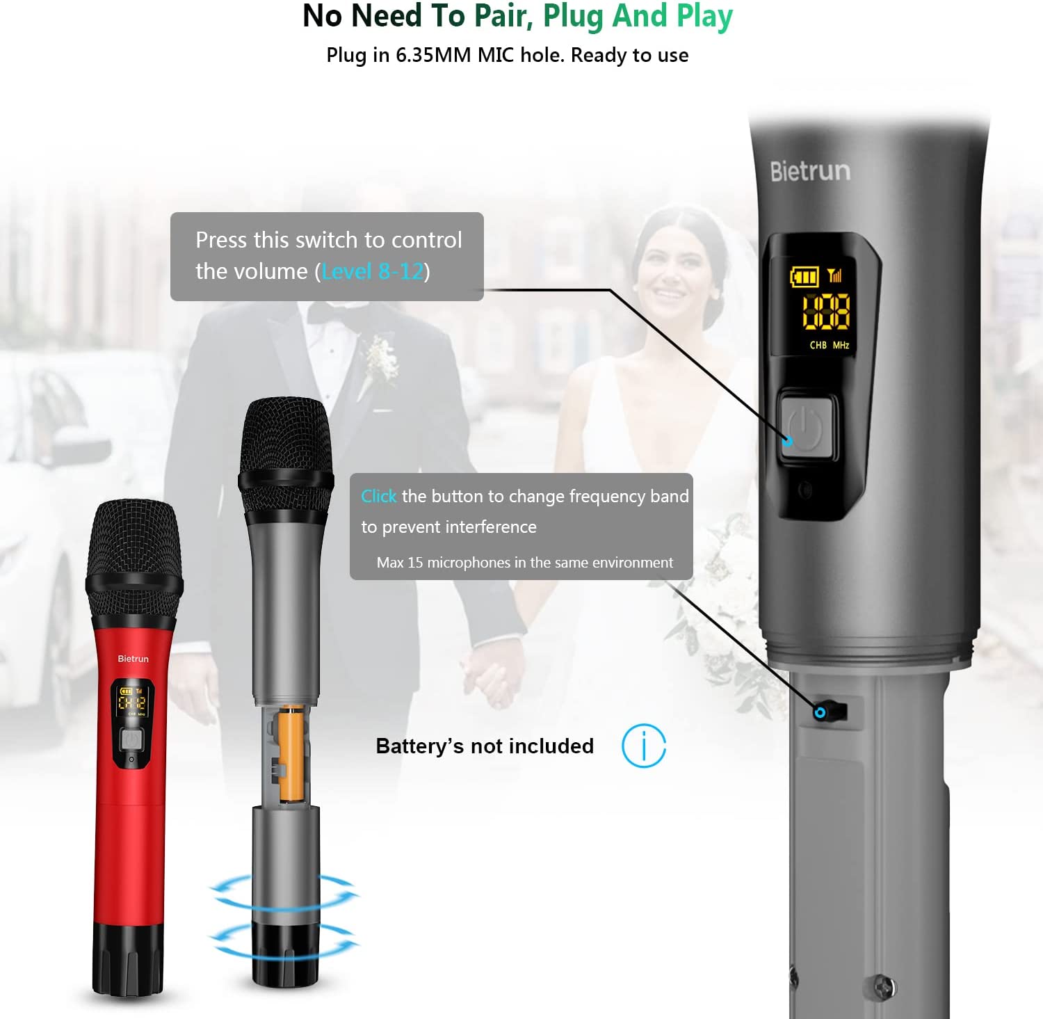 Wireless Microphone， Bietrun UHF Metal Dual Handheld Cordless Dynamic Mic System with Rechargeable Receiver， 1/4‘’Output， for Karaoke， Church， Speech， Wedding， Party Singing(160 ft Range)-Auto Connect