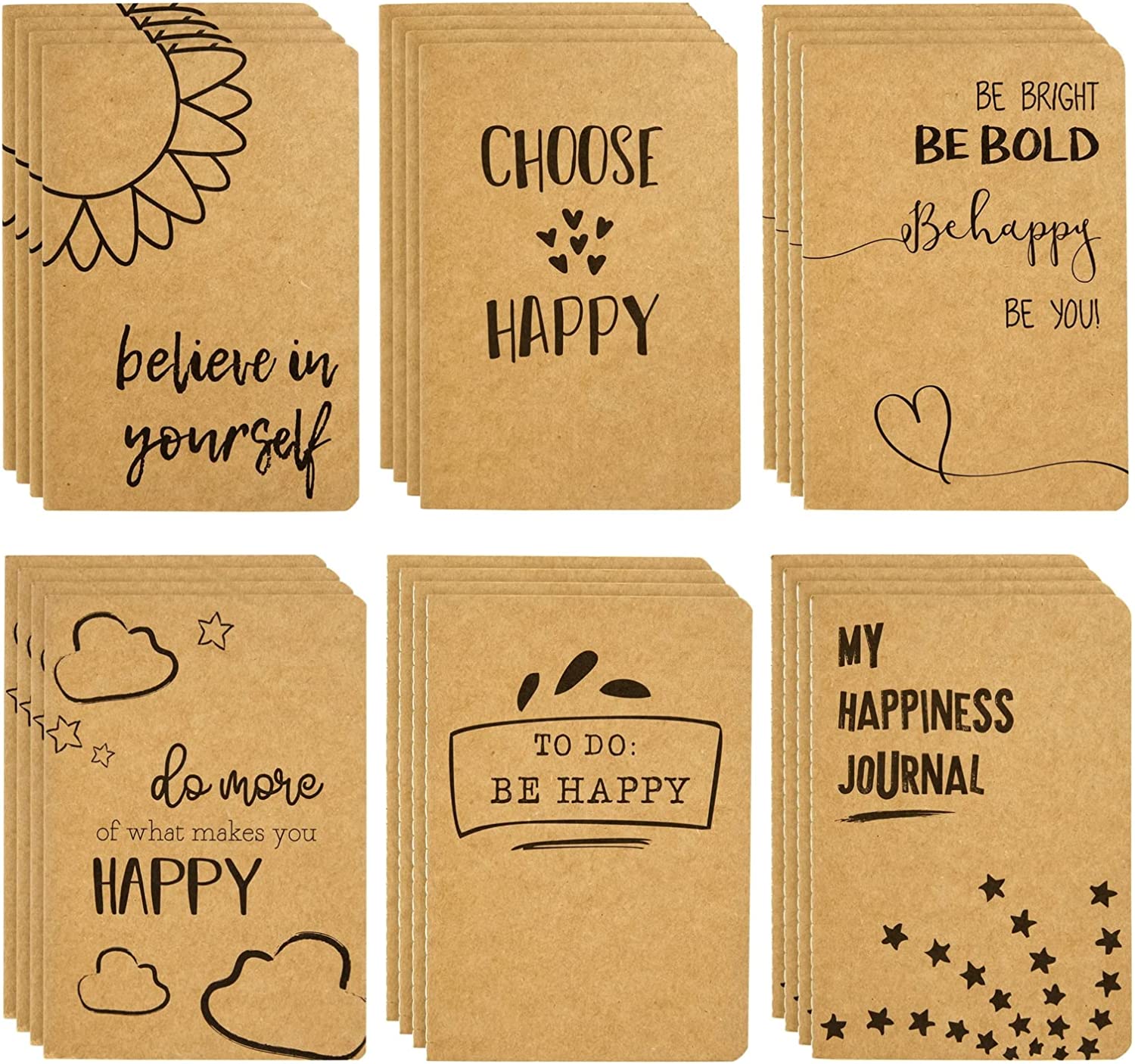 24 Pack Happy Journals Bulk, Kraft Paper Notebooks with 80 Lined Pages for Kids, Office, School Supplies, Choose Happy, Believe in Yourself Cover Designs (4 x 5.75 In)