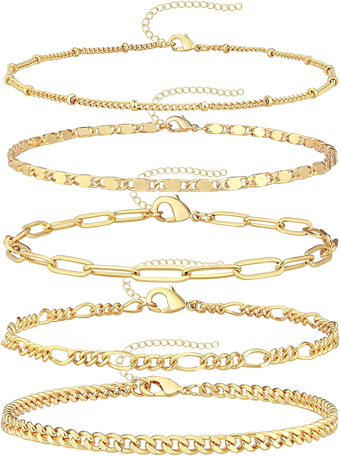 Reoxvo Dainty Gold Chain Bracelets Set for Women 14K Real Gold Plated Link Chain Bracelets for Women Trendy Gold Stackable Bracelets for Women Adjustable 7"+2"