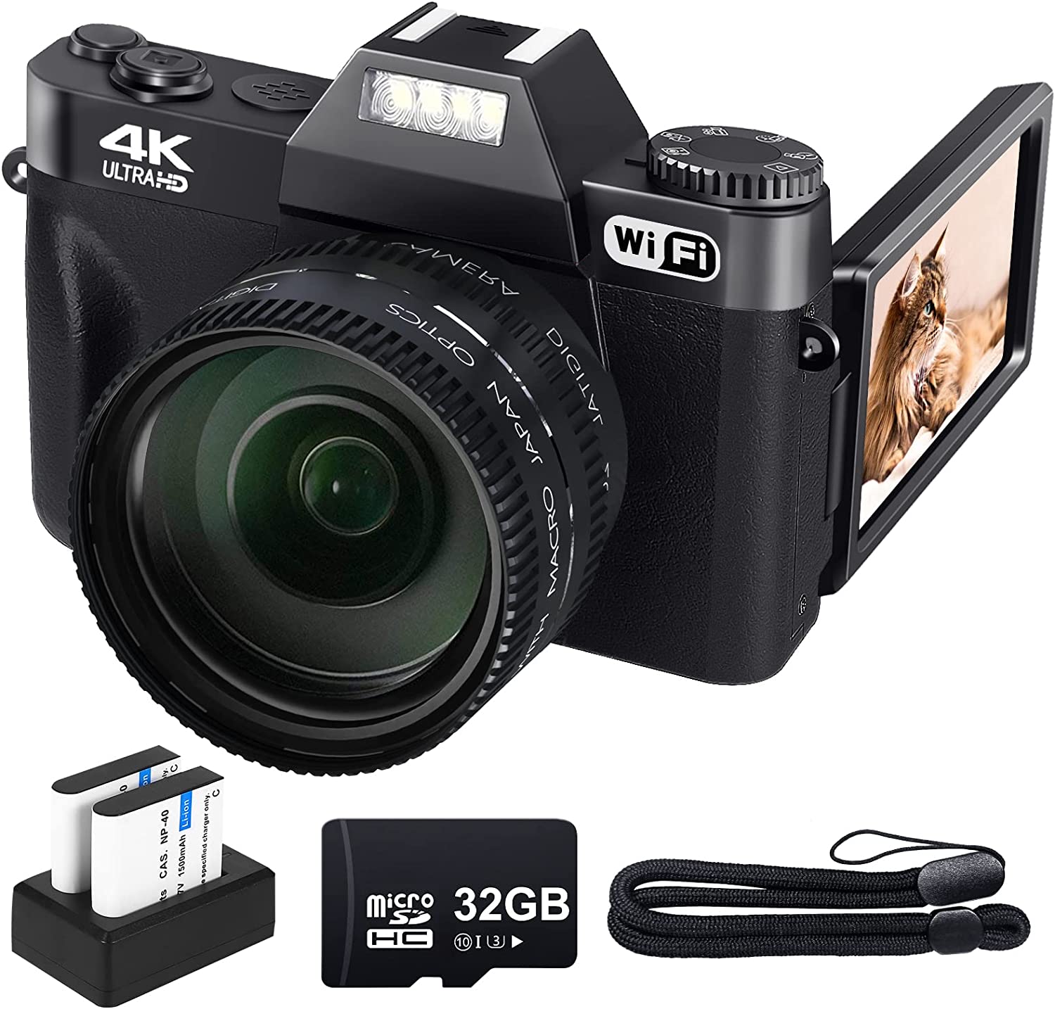 Digital Camera for Photography VJIANGER 4K 48MP Vlogging Camera for YouTube with WiFi, 16X Digital Zoom, 52mm Wide Angle & Macro Lens, 2 Batteries, 32GB TF Card(W02-Black2)