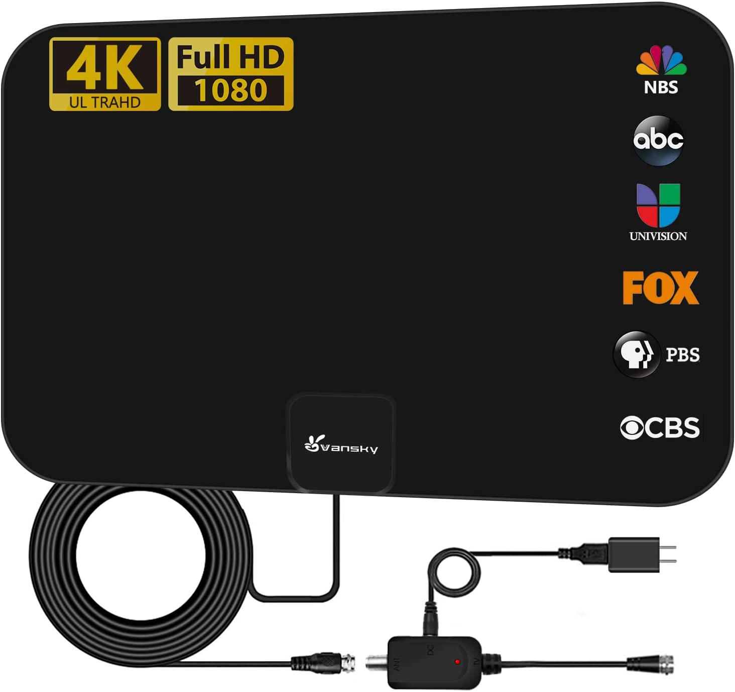 TV Antenna Indoor, Digital Amplified Indoor HDTV Antenna, 1080p VHF UHF Television Local Channels Detachable Signal Amplifier and 16.5ft Long Coax Cable (Black)